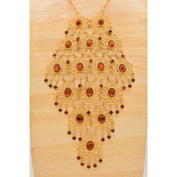 Vintage Cabochon Collar Bib Necklace Amber Dangle Retro Mid Century 60s Bin3C - Picture 2 of 12